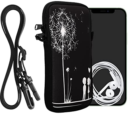 kwmobile Handytasche für Smartphones XXL - 7 - Neopren Handy Hülle Weiß Schwarz - Handy Tasche mit Kette 17,7 x 8,5 cm Innenmaße - Pusteblume Love
