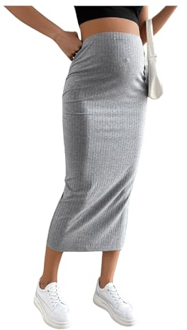 SHENHE Women's Maternity Skirt Adjustable Rib Knit High Waist Split Pencil Long Skirt Dark Grey Large
