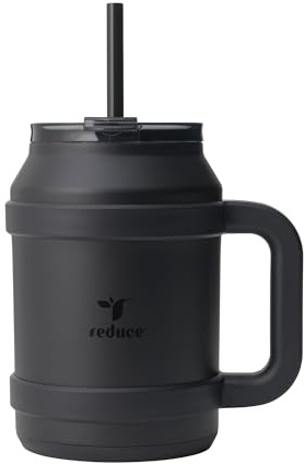REDUCE Reusable 50 oz Cold1 Water Tumbler – Ergonomic Handle – Double-Wall Insulation – Sturdy Desktop/Tabletop Mug with Lid and Straw – BPA-Free – Stainless Steel for Gym, Home, or Office– Phantom