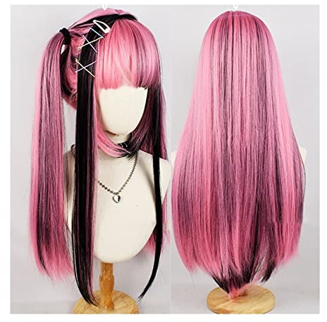SISWIM Perücke mit Pony, Lange Glatte Kunsthaarperücke, weiche, atmungsaktive, hitzebeständige Cosplay-Party-Perücke in Rosa mit Schwarz Highlights