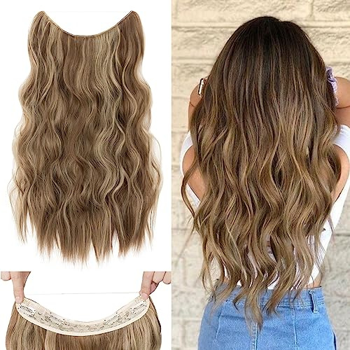 Silk-co Extensions mit Schnur, Secrets Haare Extensions Synthetik, Lange Gewellt Haarteil mit gummiband und clips, einstellbare Haarverlängerung für Frauen, Hellbraun Highlights Blond 60cm