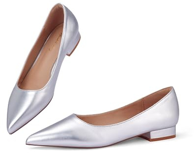 Zhabtuc kvinnor platta pumpar eleganta spetsiga tå slip-on platta skor, SILVER, 39 EU