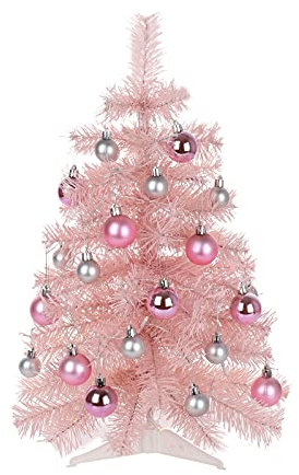 Pequeño árbol de Navidad Rosa con Luces, árbol de Navidad Artificial Rosa de 23,6 Pulgadas con Adornos de Bolas, Mini árbol de Navidad de Mesa con Soporte de Plástico para Decoración(rosas)