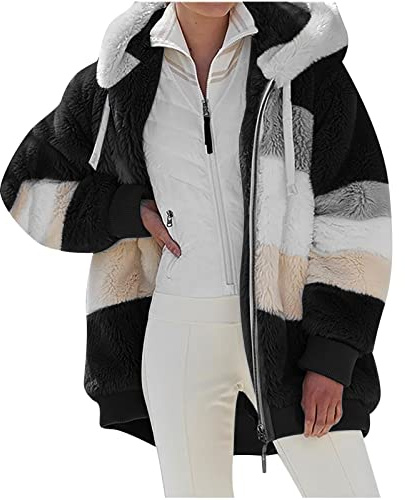 SMIDOW Oversized Fuzzy Fleece Jackets For Women Fashion 2025 Color Block Faux Fur Cardigan Coat Shaggy Warm Winter Outerwear fleece jacket for women Black 5X