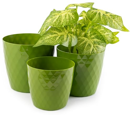 Home Garden Ornaments Blumentopf Set 3 Stück – Blumentöpfe/Pflanzentopf Kunststoff Übertopf 14/16/18 cm glänzend Kristallstruktur (Grün)