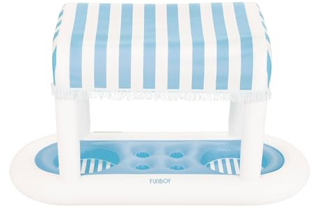 FUNBOY Giant Floating Light Blue Cabana Stripe Drink Station, Removable Fabric Shade with Fringe, Perfect for Parties, Table-Top Decorations and in-Pool Refreshments.