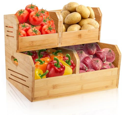 Noamus 2 Tier Bamboo Stackable Storage Bins, 4 Compartment Potato and Onion Storage Baskets, Pantry Organizer Holder with Handle, Open Front Kitchen Fruit Containers for Fruit Bread Vegetable Garlic