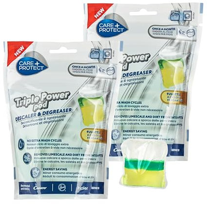 CARE+PROTECT Détartrant et Dégraissant en Capsules Triple Action pour Lave-Linge - Lave-Vaisselle - s'Utilise Pendant le Cycle Normal - Nettoyant Permettant des Economies d'Energie - 12 Capsules