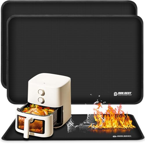 Feuerfeste Unterlage, hitzebestandige Silikonmatte für Luftfritteuse | 2 Stück, je 45 x 35 cm, rutschfeste, wasserdichte Silikonmatten als Hitzeschutz und Arbeitsplattenschutz für Luftfritteusen