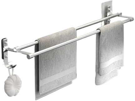 EKalgretrA Porte Serviette Murale sans Percage Porte-Serviettes Mural en Aluminium, sans Trous, Espace Suspendu, Ventouse, Toilettes, Salle de Bains, Barre à Serviettes à Double Tige(Silver-60cm)