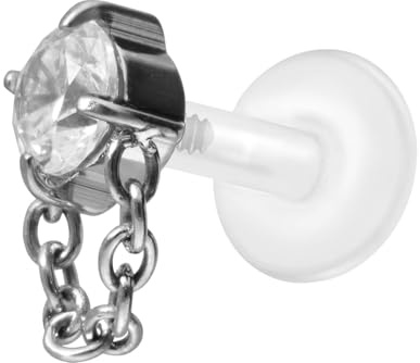 PIERCINGLINE PTFE Labret mit Gewinde + Titan-Aufsatz KRISTALL + KETTE Piercing Ohr Nase Silberfarben 1,2 x 7 mm