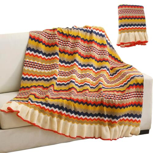 Kuscheldecke,Boho Decke Sofadecke Mit Rüschen Quaste,flauschig Weiche Strickdecke,warme Bettdecke Buntes Streifenmuster Reisedecken Für Schlafzimmer, Wohnzimmer, Büro,50X80in, Yellow