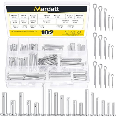Mardatt 102Pcs 18 Sizes Carbon Steel Flat Head Clevis Pins with Random Size Split Cotter Pin Assortment Kit, M5 M6 M8 M10 M12 Zinc-Plated, Silver
