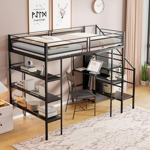 Ymkua Etagenbett Kinderbett 90x200 cm, Hochbett mit Ablageregal und Schreibtisch, Holzbett mit Rausfallschutz, Einzelbett Bett mit Treppe, Eisenbett Bettgestell mit Ablagefach, Schwarz, Ohne Matratze