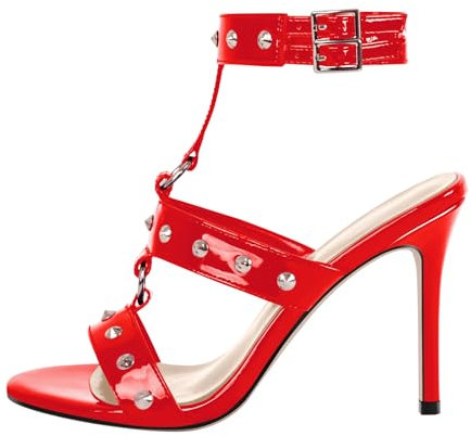 MissHeel Schnalle Riemchenabsatz Sandals Slingback Knöchelriemen Hochzeitsschuhe Rot Römersandalen mit Nieten Stiletto 46 EU