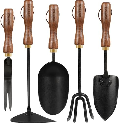 Lot de 5 outils de jardinage en acier inoxydable très résistant, houes, pelle, truelle et désherbeur avec poignée ergonomique en noyer, cadeaux de jardinage pour femme