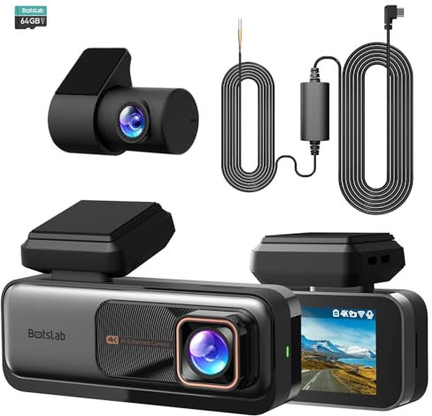 BOTSLAB Dashcam Auto Vorne Hinten 4K+2K mit GPS WiFi und Hardwire-Kit, Dash Cam Auto Kamera mit ADAS, Kostenlose 64-GB-Karte, 24/7 Parküberwachung, 2,45 IPS, Nachtsicht, WDR, 170°Weitwinkel