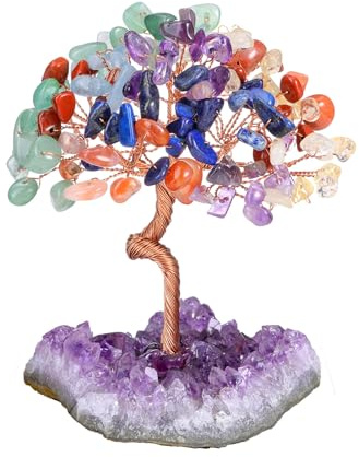 JSDDE Feng Shui Baum Chakra Lebensbaum mit Amethyst Kristallcluster Basis Heilsteine Geldbaum Glücksbringer Baum Trommelsteine Glückbaum Dekoration für Hause Wohnung Büro Zimmer