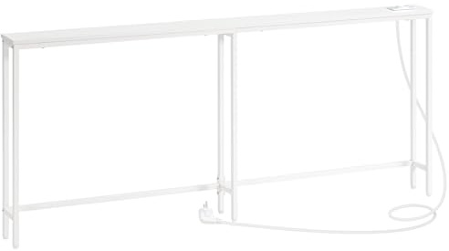 HOOBRO Schmaler Konsolentisch mit Steckdosenleiste, Konsolentisch mit Ladestation, schmaler Sofatisch, Konsole hinter dem Sofa, für Eingangsbereich, Flur, rustikales Weiß EWT185CXG01