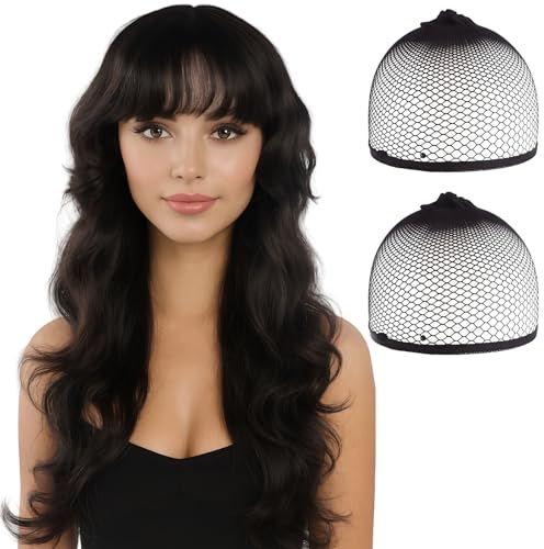 SSKHE Mörkbrun vågig peruk med lugg En perfekt blandning av stil, komfort och naturlig charm för enkel look i vardagen och för speciella tillfällen.