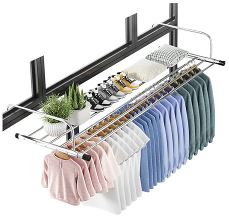 Tendedero de Ropa retráctil para radiador, tendedero de Ropa Plegable para barandillas de balcón, alféizar de Ventana, para Ropa, Toallas, baño, balcón, con 6 Varillas de Secado, tendedero de Ropa r