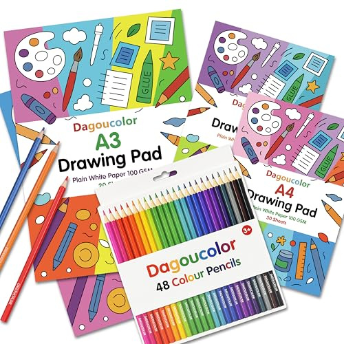 DagouColor Sketch Set for Kids, 2 A4 & 2 A3 Double-Sided Smooth Drawing Paper Pads, 48 Pack Art Kit with 24 Colored Pencils, Sketch Book for Beginners, Boys, Girls