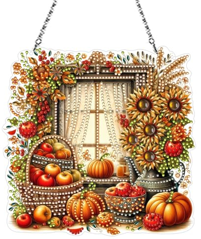 Diamond Painting Fensterbilder Kürbis Herbst Deko Fenster Doppelseitig Diamant Malerei Kit, Diamond Painting Anhänger, Kinder Bastelset, Fensterdeko Diamantmalerei Türkranz Für Erntedankfest (A)