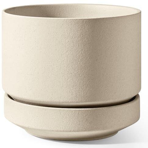 LE TAUCI Maceta de Cerámica Grande 30 cm con Plato - Macetero Grande para Exterior E Interior, con Agujero de Drenaje, Rejilla y Tapón, No Esmaltada y Transpirable - Beige Arena
