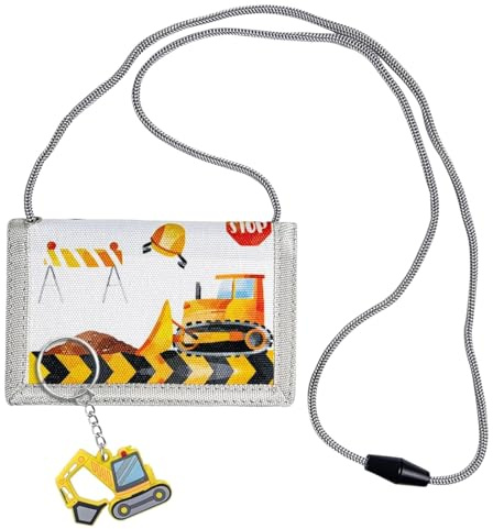 DEFIYEAR Kinder Brustbeutel Bagger Kinder Geldbörse zum Umhängen, Baustelle Motiv Geldtasche mit Schlüsselanhänger – Leichte Brieftasche für Jungen & Kinder für Mädchen, Schule, Ausflug & Reisen