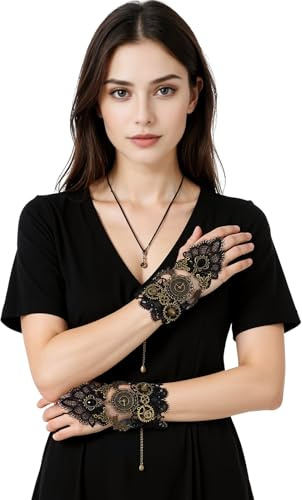 Steampunk Lace Fingerless Gloves Gothic Gloves for Women Rhinestone Steampunk Wristband With Clock Accessories - Vintage Pirate Style