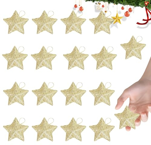 18 Christbaumschmuck Sterne Gold, 45 x 45mm Christbaumanhänger,Weihnachtsbaum Deko,Glänzendesterne Weihnachtendeko