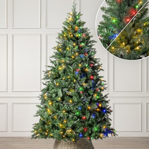 Christow Pre-Lit Christmas Tree 7ft, Dual-Colour LED Lights (Switch from Warm White to Multi-Coloured), Fraser Fir, PE & PVC Tips, Hinged Branches, 11 Modes – Colour Changing, Timer, 127cm Diameter