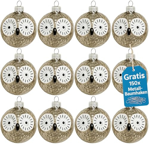 Weihnachtskugeln Glas 12er Set – Premium Christbaumkugeln 8 cm Handbemalt Glaskugeln für Weihnachtsbaum Adventskranz + Inkl. 150 Metall-Baumhaken - Set Eule