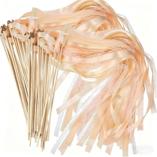30 Stück Champagner Wedding Wands,Band Wands für Hochzeiten,Hochzeit Stäbe mit Glöckchen,Romantic Seidenfeenstab für Hochzeiten Geburtstage Partys Feiertagsfeiern Verwendet Weihnachten