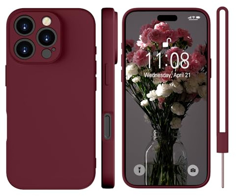 KPPIT for iPhone 16 Pro Max case silicone,f,Full camera coverage Military-Grade Protection 360°,With Protective hand strap slim Protective Case,Wine Red