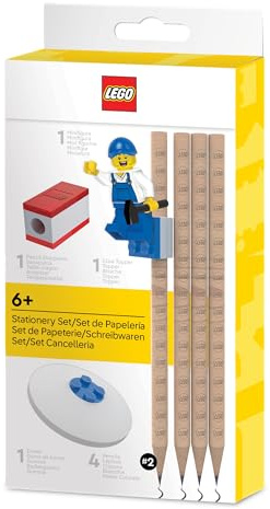 Lego Bleistifte Schreibwaren Set mit Minifigur - 4 Bleistifte, 1 Bleistiftaufsatz, 1 Bleistiftspitzer, 1 Radiergummi Kinder, Schulschreibset, Lego schulsachen Geschenk - ab 6 Jahren