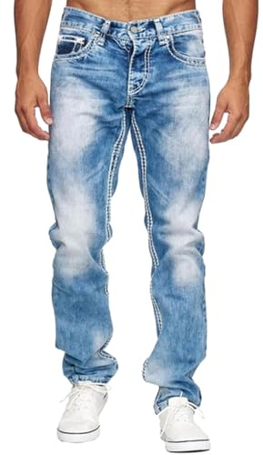 Jeans da uomo alla moda in denim con tasche vestibilità rilassata per gli uomini comodi pantaloni per uso esterno, Azzurro, M