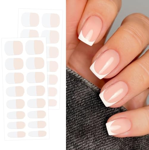 JMEOWIO Semi Cured Gel Nail Strips French Tip 30 Pcs Gel Nail Stickers Wraps UV/LED Nails Art Design Decoration Accessories