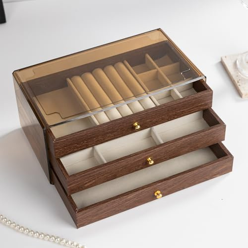 Fragolucyou Jewelry Organizer Box-3-tier,divided compartments, walnut wood grain frame