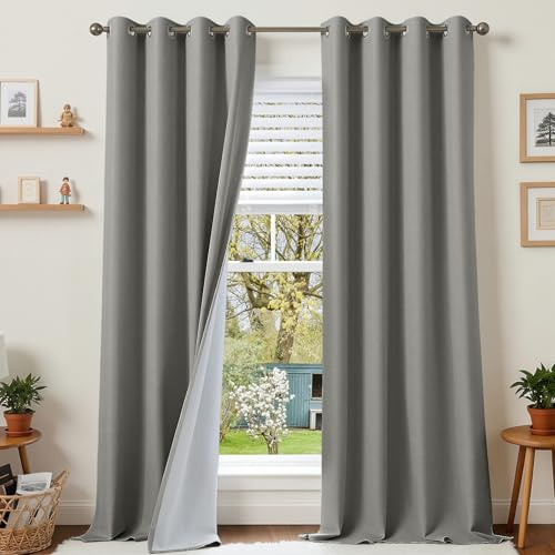 Runyéla 100% Vorhänge Blickdicht Leinenoptik, Verdunklungsvorhänge Leinen 2er Set, H 245 x B 140 Thermovorhang Hitzeschutz Hellgrau Gardinen mit Ösen Lärmschutzvorhang für Schlafzimmer Wohnzimmer