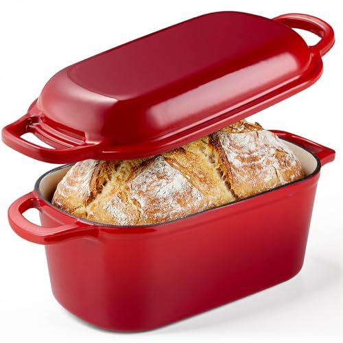 KOMORE 3.8L Rectangular Cast Iron Dutch Oven for Sourdough Bread, Red | Enamelled Cast Iron Pot with Lid for Bread Making, Roasting, Braising & Frying - Oven Safe up to 260°C, Non Stick, 28cm.