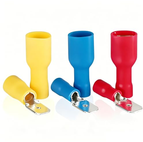 100 PCS Connettori Rapidi Femmina in vinile completamente isolati 6.3 x 0.8 mm, faston elettrici, rosso per 0.5-1.5 mm² (22-16 AWG), blu per 1.5-2.5 mm² (16-14 AWG), Giallo per 4-6 mm² (12-10 AWG)