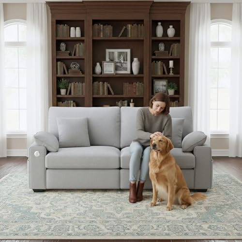COLAMY 193 cm Loveseat Sofa, Cloud Foam Couch, 3-Sitzer gepolstertes Mid-Century-Modern-Loveseat mit USB-C-Anschlüssen, 4 Kissen und Stauraumarmlehne für Wohnzimmer/kleine Räume, Grau