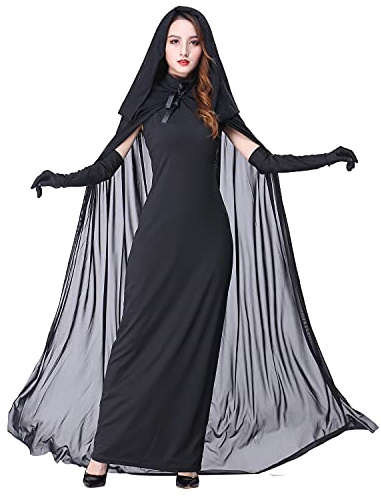 Myir Halloween Costume Mariée Fantôme Femme, Déguisement Sorcière Vampire Robe Cape Carnaval Cosplay Adulte (Noir, M)