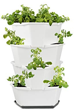 GUSTA GARDEN Paul Potato Starter Kartoffelturm - stapelbar - Hochbeet/Pflanzgefäß/Blumentopf für Balkon, Garten und Terrasse (4 Etagen, Weiß) inkl. Untersetzer