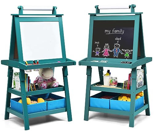 DREAMADE doppelseitige Kinder Staffelei aus Holz, Kinderstaffelei mit Ablage, Kindertafel mit Papierrolle Whiteboard und Kreidetafel, inkl. 2 Stoffboxen (Grün)