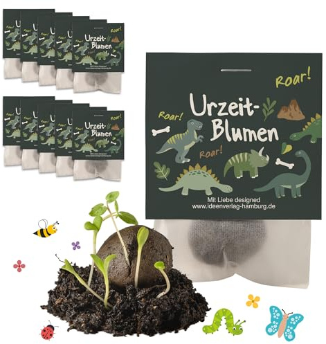 10x Dinosaurier Samenbomben als Dino Mitgebsel Kindergeburtstag Jungen 4 bis 8 Jahre - Blumensamen Mitbringsel Kindergeburtstag Gastgeschenke & kleine Geschenke für Kinder - Made in Germany