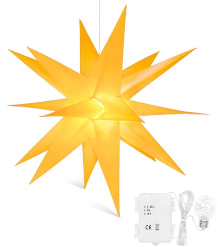 Qijieda 3D Weihnachtsstern Beleuchtet Batterie mit Timer - 45cm led Christbaumspitze Stern, Adventsstern Stern Zum Dekorieren von Weihnachtsbaum, Innenhof, Balkon Und Garten (45cm, Gelb)