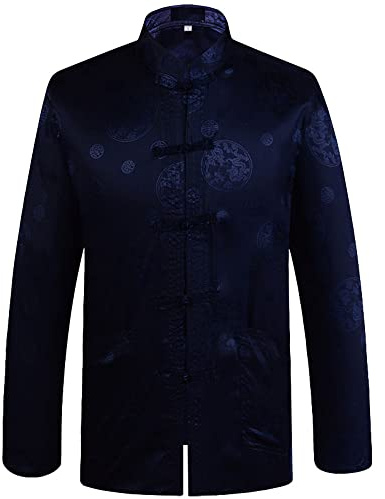 G-LIKE Chinese Traditional Dragon Patterned Tang Suit Brocade Long Sleeve Jacket Blue