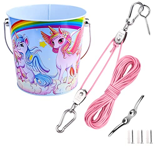 FUCNEN Flaschenzug Kinder Baumhaus Zubehör Seilzugsystem mit Eimer für Spielhaus Spielturm Zubehör Seilzug Eimer Gartenspielzeug Set & Seil Kit für Jungen & Mädchen ab 3 Jahren Klettergerüst Zubehör